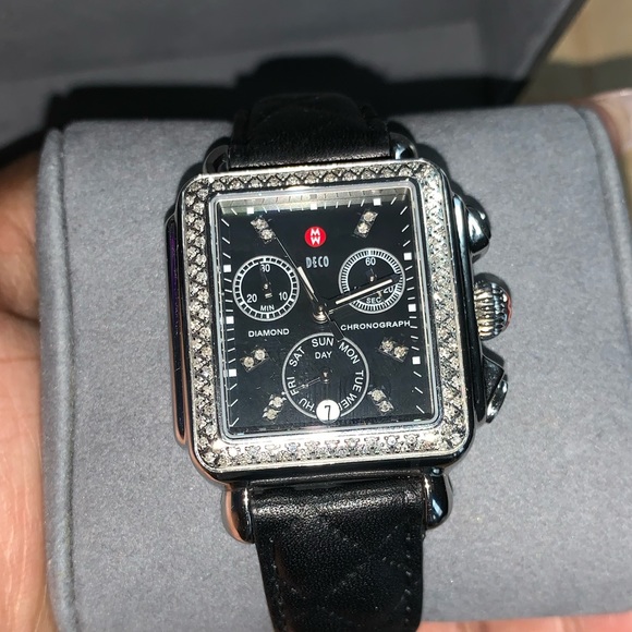 Michele diamond deco watch with genuine leather quilted band - Picture 3 of 3